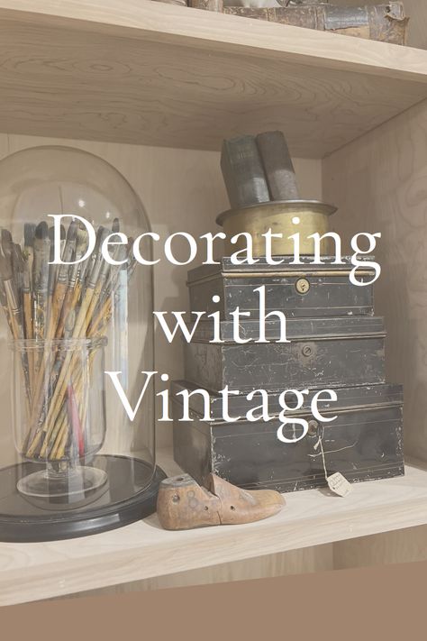 Take a look behind the scenes of an antique dealer decorating with vintage! We’re working hard to bring you the best in vintage home decor and antiques. From unique finds to unique spaces, you’re sure to find something you love here. Follow along for more sneak peeks and updates! Antiques In Living Room, French Country Antiques, Vintage Ideas For Home, Decorating With Old Typewriters Vintage, How To Decorate With Old Books, Vintage Wall Shelf Decor, Antique Meets Modern Decor, Decorating With Collections, Vintage Living Room Wall Color