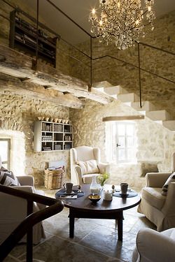 Pretty chandelier Versace Home, French Interior, Design Del Prodotto, Rustic Living, French Farmhouse, French Country House, Old Stone, Stone Houses, White Furniture