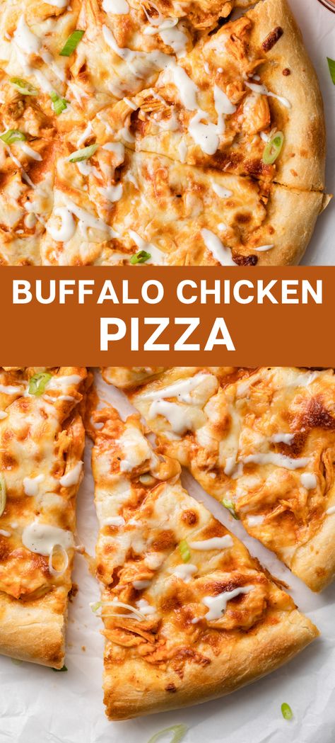 Image is a picture of fully cooked buffalo chicken pizza. Buffalo Chicken Pizza Recipe, Buffalo Pizza, Breakfast Bakes, Chicken Pizza Recipes, Buffalo Chicken Pizza, Easy Homemade Pizza, Pizza Recipes Homemade, Chicken Pizza, Deep Dish