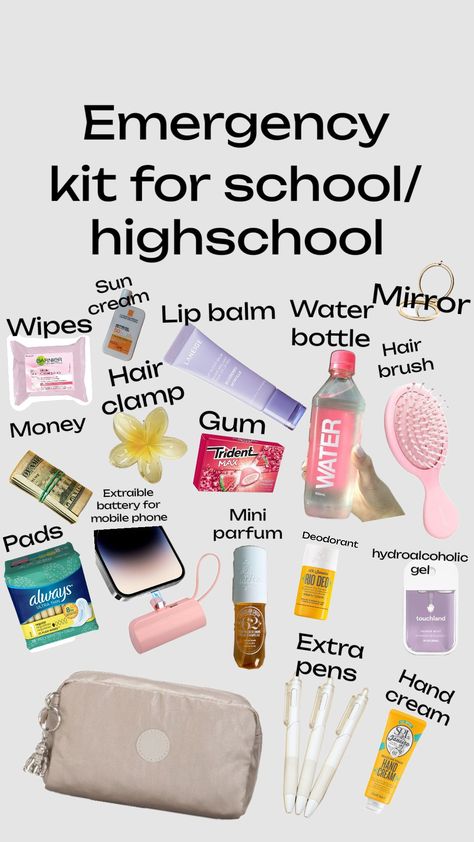 Emergency kit for school/high-school #emergencykit #preppy #girlsgirl #selfcareaesthetic #skincare What To Pack For High School, High School Emergency Kit, Preppy Emergency Kit, Teen Emergency Kit For School, Emergency School Kit, Emergency Kit For School 6th Grade, How To Make Your Uniform Look Cute, Kit For School, Summer Bag Essentials