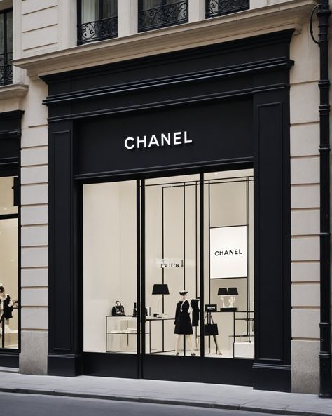 Salon Storefront Design, Black And White Store Fronts, Salon Exterior Ideas Store Fronts, Chanel Store Interior, Modern Store Exterior, Boutique Exterior Store Fronts, Modern Boutique Interior, Boutique Exterior, Bridal Shop Decor