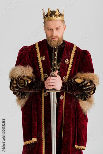 Stock Image: serious king with crown holding sword isolated on grey Downloadable Videos, King With Crown, Motivation Stories, About History, King Crown, Kings Crown, Little Doodles, Pose Reference Photo, Model Release