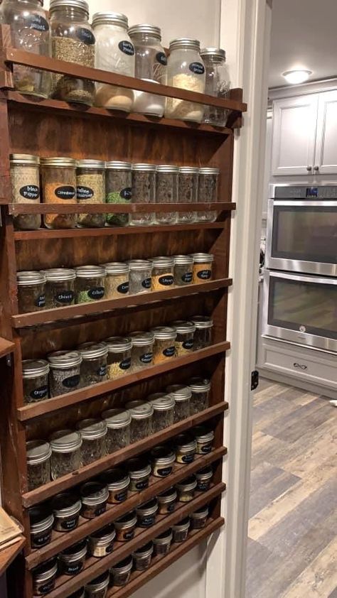 Shelves For Herbs In Kitchen, Stud Wall Storage, Pantry With Bay Window, Mason Jar Spice Organization, Pantry Jars Storage, Cottagecore Spice Rack, Spice Display Ideas, Canning Pantry Shelves, Soup Can Organization