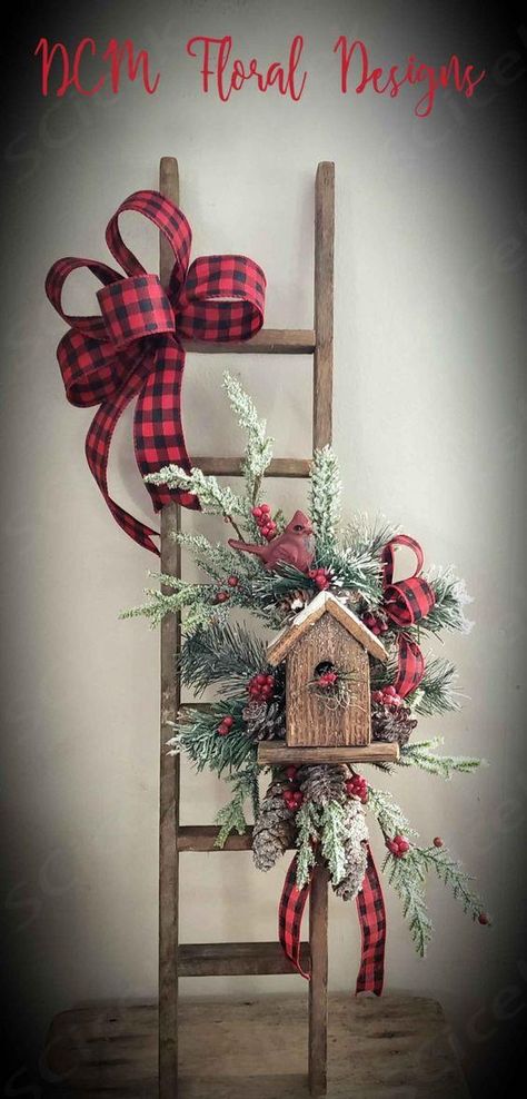 Christmas Ladder Decor Ideas, Ladder Decorated For Christmas, Xmas Ladder Decorations, Xmas Ladder Ideas, Winter Decor Outside, Cemetery Decorations For Christmas, Farmhouse Xmas Decor Living Room, Christmas Cake Stand Decorating Ideas, Country Farmhouse Decor Christmas