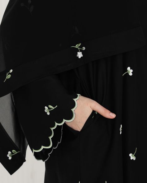 Introducing the highly sought-after Takisha Abaya, making a comeback tomorrow with exciting new colors: Beige and Sage! If you love floral and scallop trimmings on your abaya sleeves, Takisha Abaya is your ultimate pick! Stay tuned for Eden Elegant Collection Pre-Order coming to you tomorrow. Don’t miss it❤️ Cute Abaya Designs, Floral Abaya Designs, Abaya Sleeves Design, Elegant Abaya Designs, Abaya Sleeves, Floral Abaya, Simple Abaya Designs, Designer Abaya, Embroidery Abaya