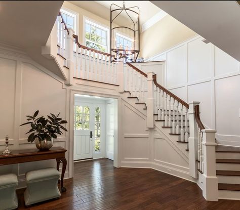 Arc Lantern 1 – Tower Lighting Foyer With Stairs, Farmhouse Staircase, Modern Stair Railing, Foyer Staircase, Shingle Style Homes, Stair Railing Design, Stairway Design, Staircase Decor, Foyer Design