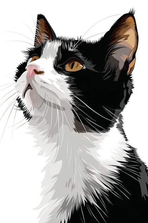 Midjourney AI Image: Portrait of a cat, illustration, vector art --ar 2:3 --v 6.0 → more in ai-img-gen.com Cat Cute Illustration, Cat Expressions, Black And White Cat, Illustration Portrait, Cat Vector, White Patches, Cat Portrait, Tuxedo Cat, Yellow Eyes