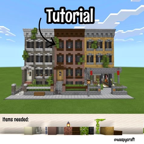 The tutorial is on my ig (@waspycraft) #minecraft #minecraftbuildingideas #minecraftbuild Minecraft Downtown, Minecraft Town Ideas, Minecraft Modern City, Minecraft Town, Minecraft Decoration, Minecraft City Buildings, Brooklyn Townhouse, Minecraft Mansion, Minecraft Structures