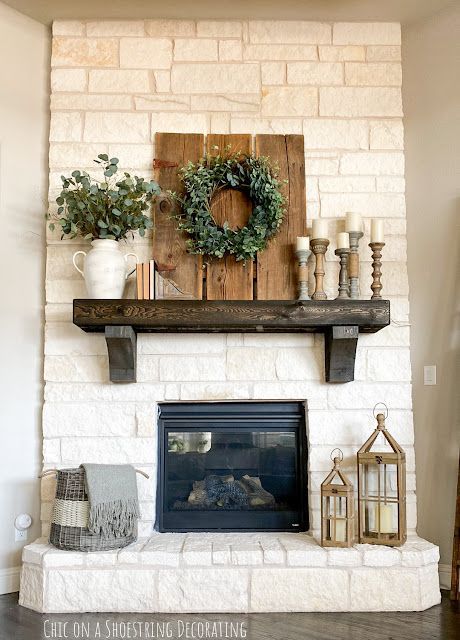 Chic on a Shoestring Decorating: How to Decorate a Fireplace, Simple Fireplace Decorating Tips Fireplace Mantle Decor Tall Wall, Lakehouse Mantle Decor, Fireplace Decor Without Tv, Decorating Above Fireplace Mantels, Simple Fireplace Mantle Decor, Large Fireplace Decor, Fireplace Mantel Decorating Ideas Rustic, Stone Fireplace Decorating Ideas, Stone Fireplace Mantle Decor