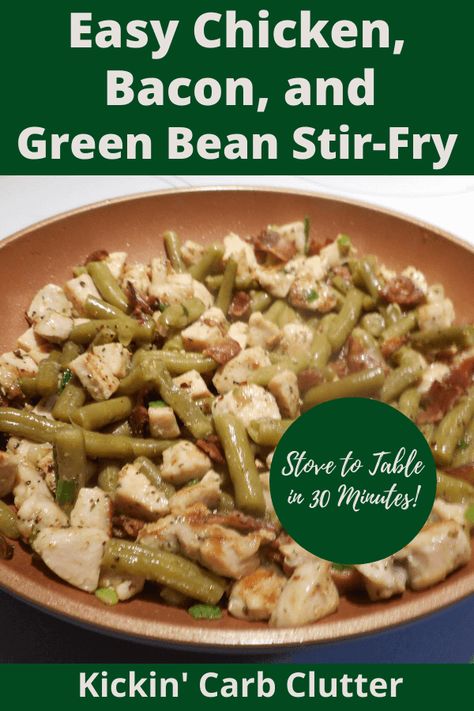 Here's the Recipe for an Easy Chicken, Bacon, and Green Bean Stir-Fry. Get lunch or dinner on the table in less than 30 minutes! Chicken Bacon Green Beans, Canned Green Bean Recipes, Sweet Chili Recipe, Stir Fry Low Carb, Green Bean Stir Fry, Bean Stir Fry, Skillet Green Beans, Chicken Green Beans, Chicken Chunks