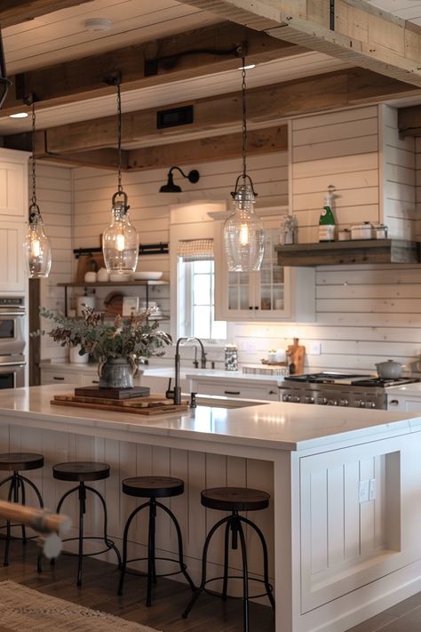 Learn how to add cozy lighting to your kitchen island, enhancing the rustic charm of your farmhouse kitchen. 🌟🍴 White Open Concept Kitchen, Cabin Interior Design Kitchen, Barndo Kitchen Ideas Farmhouse, Rustic Kitchen With Island, Country Aesthetic Home, Cozy House Kitchen, Farmhouse Living Room And Kitchen, Rustic House Farmhouse, White Farmhouse Interior