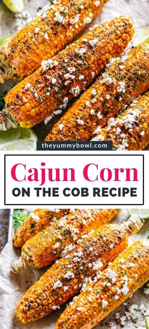 Roasted Cajun corn on the cob is easy to make in the comfort of your home. Perfectly baked corn is dipped in a creamy cajun mayo sauce, sprinkled with salty crumbled cheese and is great for large summer parties. Cajun Grilled Corn On The Cob, Corn On The Cob Cajun, Cajun Menu Ideas, Cajun Corn On The Cob Air Fryer, Cajun Creamy Garlic Corn, Street Corn On The Cob Recipe, Creamy Cajun Corn On The Cob, Cajun Food Ideas, Cajun Food Recipes Authentic