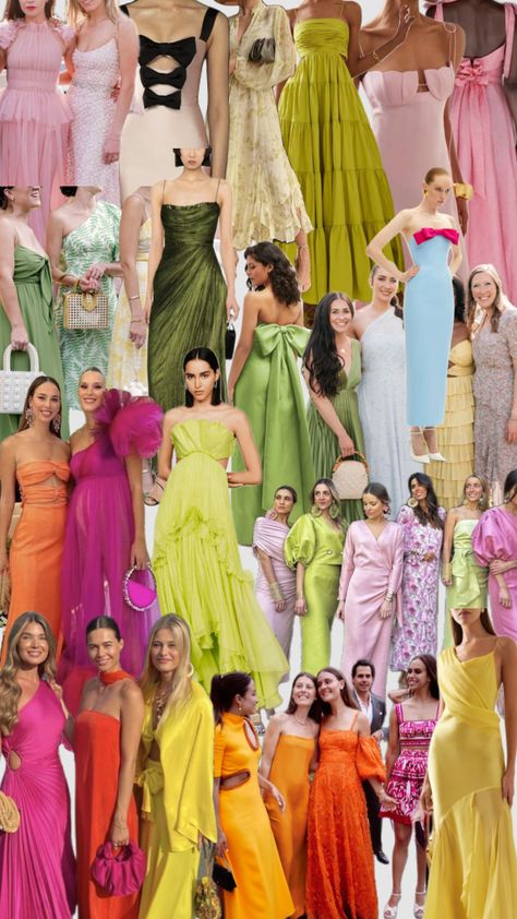 #myfirstshuffle Colorful Black Tie Wedding Guest, Mixed Color Bridesmaid Dresses Summer, Cocktail Garden Party Outfit, Dramatic Bridesmaid Dresses, Green And Orange Bridesmaid Dresses, Colorful Wedding Attire, Festive Wedding Attire Guest, Colorful Black Tie Wedding, Colorful Cocktail Attire