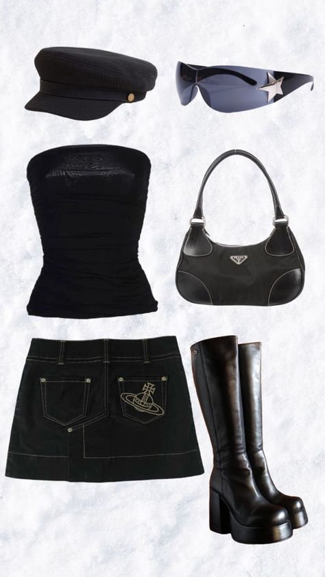 Y2k Outfits Street Styles Skirts, 2000s Mini Skirt Outfit, Magazine Aesthetic, Types Of Clothing, Boots Prada, Aesthetics Fashion, Top Sunglasses, Black Tube, 2000s Fashion Outfits