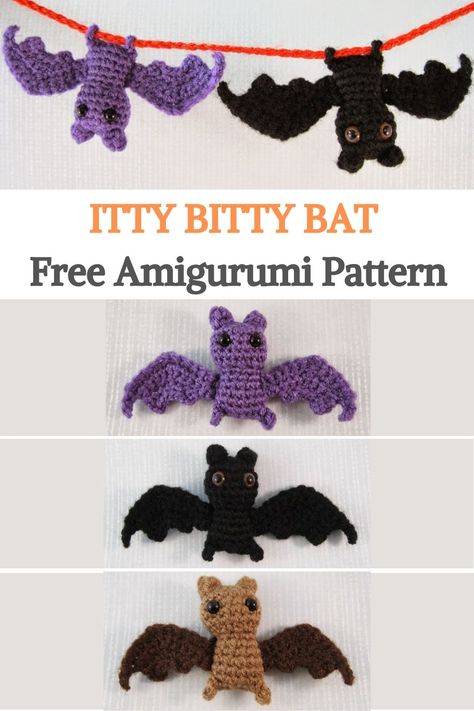 Halloween is nearly upon us, so here is a tiny little bat pattern for you to have fun with. It's quick and simple to make and, depending on the yarn you use, will end up about 2 ”tall with a wingspan of about 5” The feet are actually small loops, so your bat can hang upside down from a small stick or length of yarn or cord. The loops are large enough to fit the crochet hook you are using through so you can use that to pull yarn or cord through.  #urbakicrochet #halloweencrochet #batcrochet Arugami Bat, Tiny Bat Crochet Pattern, Crochet Bat Keychain Free Pattern, Simple Small Crochet Patterns, Small Bat Crochet Pattern, Halloween Crochet Scrunchies, Crochet Bat Keychain, Crochet Bat Earrings, How To Crochet A Bat