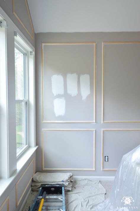 One Room Challenge- Week 2: Paneled Bedroom Walls and the Painting Begins! | Kelley Nan Paneled Bedroom, Wall Molding Living Room, Living Room Panelling, Wall Panels Bedroom, Wall Paneling Diy, Bed Design Modern, Accent Wall Bedroom, Bedroom Walls, Bedroom Panel