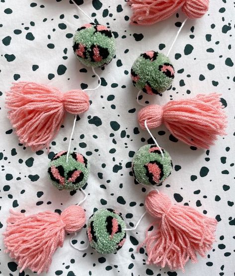 Green & Blush Leopard Print Pom Pom and Tassel Garland #etsy #brightpompoms #leopardprintdecor #animalprintdecor #tasselpompoms #pompomgarland #tasselgarland #pinkleopardprint Christmas Pompom, Leopard Print Decor, Pom Pom Animals, Pom Wreath, Pom Crafts, Pom Pom Flowers, Animal Print Decor, Tassel Crafts, Pom Pom Wreath