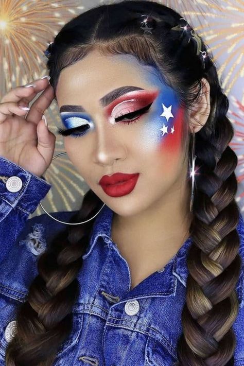 red white and blue stars makeup Patriotic Makeup Eye, 4th Of July Makeup Looks, Patriotic Makeup, Red White And Blue Fireworks, Stars Makeup, July Makeup, 4th Of July Makeup, Usa Makeup, Uk Makeup