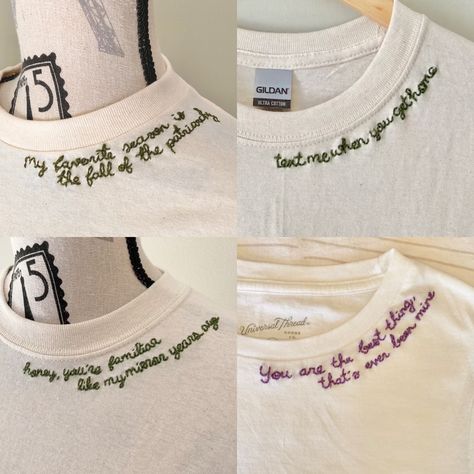 "ᴛʜᴇ ᴇᴍʙʀᴏɪᴅᴇʀʏ Your unique clothing will be hand embroidered (by me, the hand embroidery artist!) with whichever of my original artworks you chose! As all custom embroidery designs are HANDsewn, each wearable art piece is one of a kind (OOAK). Please allow for natural variations in your custom embroidered tshirt. Customize shirt thread colors in the Personalization box or at checkout. ʙʀᴀɴᴅ: Gildan; Fruit of the Loom; M&O Knits (100% cotton) ᴄᴀʀᴇ: Wash on a cold gentle cycle; hang to dry. ᴜɴɪꜱᴇ Collar Shirt Embroidery, Embroidery For Tshirts, Tshirt Words Ideas, T Shirt With Embroidery, Words To Embroider, Embroidery Mens Shirt, Embroidery Clothes T Shirts, Tshirt Embroidery Ideas Men, Men Embroidery Designs