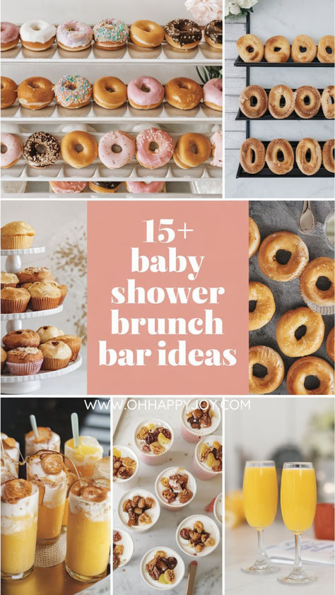 A collage of baby shower brunch bar ideas featuring a variety of donuts, muffins, parfaits, and mimosas, perfect for creating a fun and delicious baby shower brunch spread. Brunch Food For Large Groups, Donut Hole Skewers Brunch Ideas, Brunch Finger Foods For Party, Christmas Theme Brunch Ideas, What To Bring For Brunch, Brunch Open House Food Ideas, Brunch Ideas For Baby Shower Boy, Ideas For Brunch Food, Baby Sprinkle Brunch Ideas