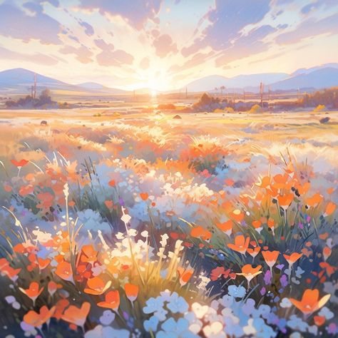 Simple Anime Background, Anime Flowers Background, Anime Field Background, Spring Anime Aesthetic, Flower Field Anime, Anime Backgrounds Landscape, Anime Background Scenery, Sunrise Anime, Landscape With Flowers