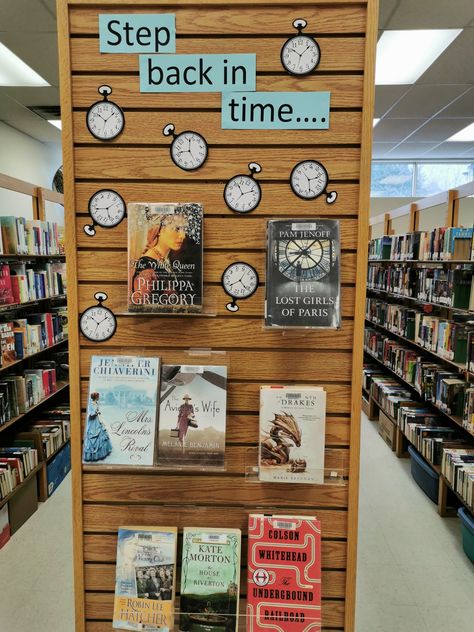 Nonfiction Library Book Displays, Fantasy Book Display, Library Book Displays For Adults, High School Library Book Displays, May Book Displays, Book Store Display Ideas, Public Library Decorating Ideas, May Library Displays, Book Store Window Display