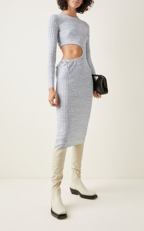 A Fun Knit Dress: Aya Muse Shale Cutout Ribbed-Knit Midi Dress Zara Knit Dress, Aya Muse, Side Cutout Dress, Shoes Details, Summer Fashion Dresses, Zara Knit, Sustainable Fashion Brands, Black Long Sleeve Dress, Knit Midi