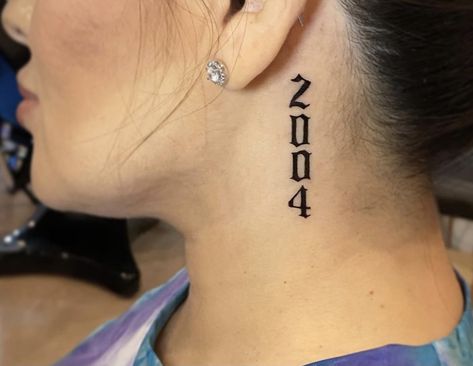 1998 Tattoo Behind Ear, 2004 Neck Tattoo, Baddie Neck Tattoos Women, Numbers On Neck Tattoo, 2005 Tattoo Ideas Female, Baddie Tatoos Ideas, 2009 Tattoo Number, Wording Tattoos For Women, Back Of Bicep Tattoo Women