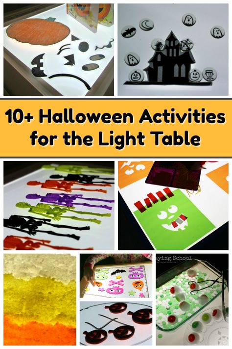 10  fun Halloween light table activities for toddlers and preschoolers! From math and counting to sensory play and more! Lots of hands-on learning with pumpkins, ghosts, and skeletons for your light box! Halloween Activities For Toddlers, Halloween Craft Activities, Halloween Activities Preschool, Fun Halloween Activities, Halloween Themed Activities, Halloween Infantil, Halloween Sensory, Halloween Fest, Halloween Games For Kids