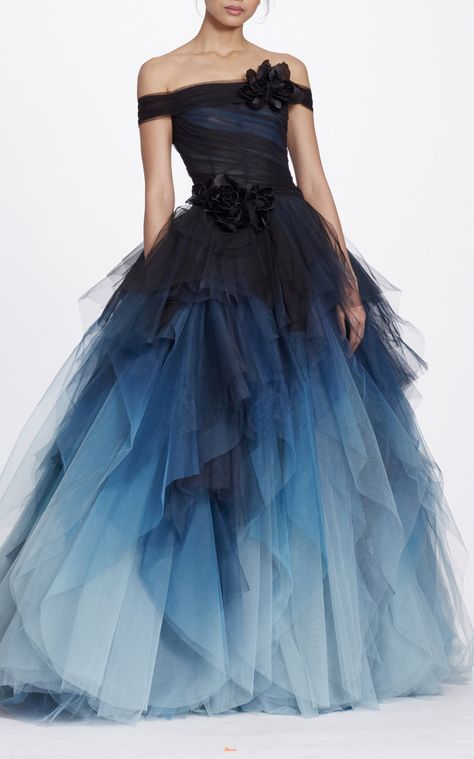 Marchesa  Off The Shoulder Ball Gown  $12,995 Long Ball Gown Dresses, Blue Ombre Prom Dress, Black And Blue Ball Gown, British Gowns, Modest Ball Gowns, Ombre Dresses, Navy Blue Ball Gown, Navy Prom Dress, Blue Black Dress