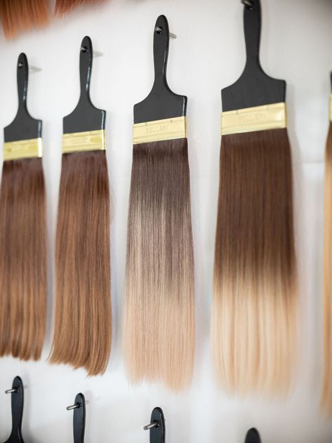 Hair Boutique Ideas Decoration, Hair Extensions Display Ideas, Hair Extension Wall, Hair Extension Display Ideas, Hair Extension Display, Boho Hair Salon, Cosmetology Aesthetic, Hair Extension Storage, Styling Hair Extensions