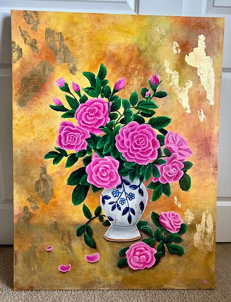 30x40” acrylic painting on canvas mixed media with gold leaf. Flowers in vase. Canvas Mixed Media, Flowers In Vase, Rose Blush, Acrylic Painting On Canvas, Leaf Flowers, Blush Roses, Acrylic Painting Canvas, Painting On Canvas, Acrylic On Canvas