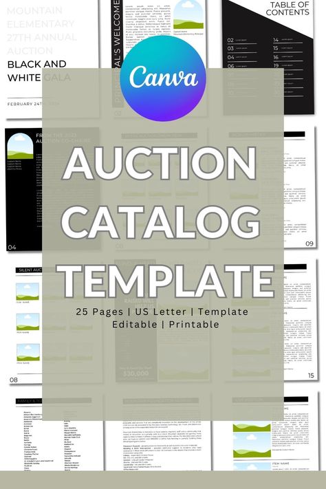 25 Page Auction Catalog Template | editable in Canva Free Catalog Template, School Auction, Auction Catalog, Program Template, Proposal Templates, May 13, Art Auction, Canva Template, Modern Design