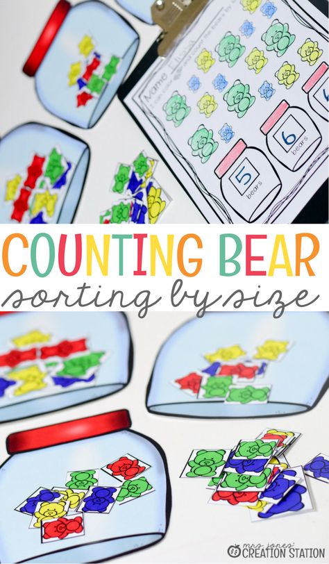 Counting Bears Sorting by Size! A fun hands-on way for kids to practice sorting by size and colors! A great math manipulative for math centers or independent work!  #mathfreebies #mathmanipulative Sorting By Attributes Kindergarten, Reggio Math, Prek Printables, Sorting By Size, Bear Activities, Math Manipulative, Counting Bears, Math Activities For Kids, Creation Station