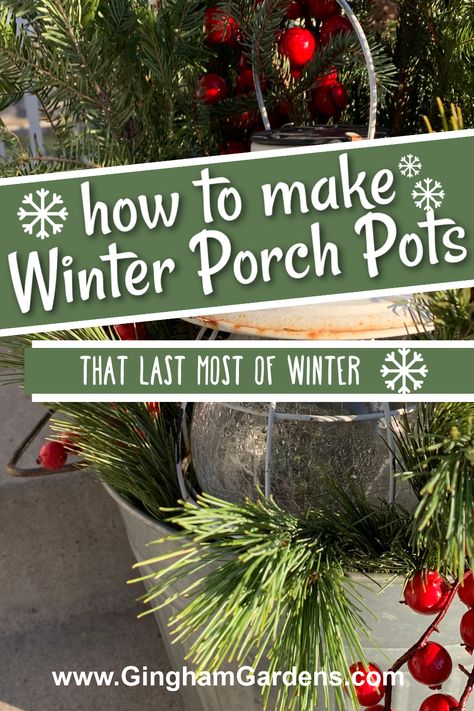 Pine Porch Pots, How To Make A Winter Planter, Outdoor Christmas Floral Arrangements, Christmas Pot Decorations Outdoor, Holiday Porch Pots Diy, Diy Winter Porch Pots, How To Make Outdoor Christmas Planters, Outdoor Christmas Pots Planters Diy, Faux Christmas Planters