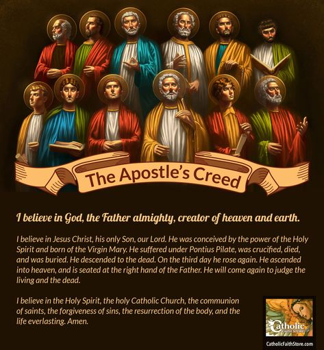 The word creed comes from the Latin word credo, meaning to believe, trust, entrust. Much like The Nicene Creed, The Apostles’ Creed, states the main tenets of the Catholic faith and all that we as followers of Jesus believe. Apostle's Creed, Praying The Rosary Catholic, 12 Disciples, Nicene Creed, Catholic Theology, Pontius Pilate, Mary Pictures, Apostles Creed, The Apostles