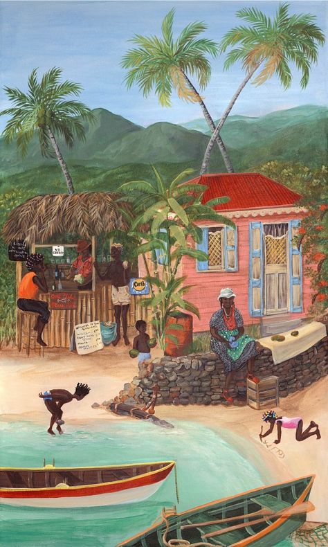 Caribbean Art West Indies, Caribbean Paintings, Cartoons Videos, Jamaican Art, Artwork Collection, Haitian Art, Tropical Painting, Caribbean Art, Hawaiian Art