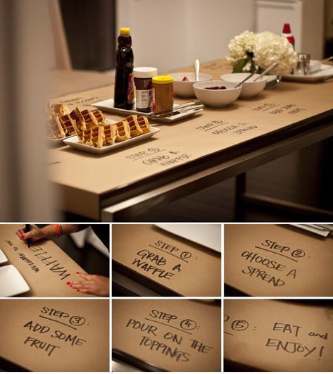 Kraft Paper Table Covering Ideas — waffle bar party idea. Write out the steps for making waffles. Clean up is easy — just roll up the sticky, syrup-covered paper and toss it in the trash. #kraftpaper #tabledecor #tableclover #diy #brightideas Waffle Party, Making Waffles, Brown Packing Paper, Diy Tablecloth, Paper Tablecloth, Paper Table Runner, Waffle Bar, Art And Craft Materials, Kraft Paper Wrapping