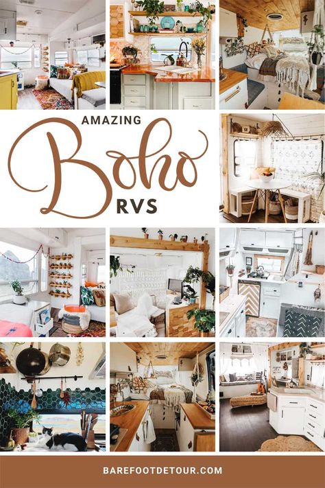 Beautiful Boho RV remodels to inspire your next renovation and make you swoon big time! Bohemian-inspired remodels of fifth wheels, motorhomes, vans and camper trailers. #bohocamper #bohorv #bohorenovation #bohoinspiration #bohovan #bohemianrv #bohemiancamper #bohemiantrailer Motorhome Renovation Ideas, Rv Redecorating Ideas, Colorful Camper Interior, Boho Camper Remodel, Boho Camper Van, Camper Van Interior Ideas, Boho Rv, Van Interior Ideas, Boho Camper