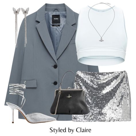 Silver And Black Outfit Parties, Black White And Silver Outfits, Outfits With Silver Heels, Black And Silver Outfits For Women, Silver Outfit Party, Blazer Night Out Outfit, Silver And White Outfit, Black Silver Outfit, Silver Top Outfit