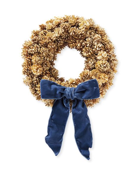 Pinecone Holiday Christmas Wreath with Blue Velvet Ribbon Bow Straw Wreath, Traditional Wreath, Gingerbread House Decorations, Traditional Christmas Decorations, Copper Diy, Christmas Decor Inspiration, Pinecone Wreath, Fun Christmas Decorations, Wreath Forms