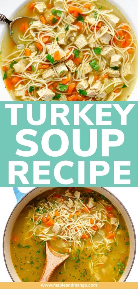 The perfect leftover turkey soup recipe! This easy Instant Pot Turkey Soup is a delicious way to put those Thanksgiving or holiday leftovers to work. Made with leftover turkey meat, broth from the turkey carcass and extra veggies and herbs. If you are looking for an easy Instant Pot recipe to make with your Thanksgiving leftovers, then you will love this homemade turkey soup recipe! Also includes stovetop instructions! | www.mapleandmango.com Leftover Turkey Carcass Recipes, Turkey Lentil Soup, Instant Pot Turkey Soup, Turkey Soup From Carcass, Homemade Turkey Soup, Leftover Gravy, Instant Pot Turkey, Leftover Turkey Soup, Turkey Noodle Soup