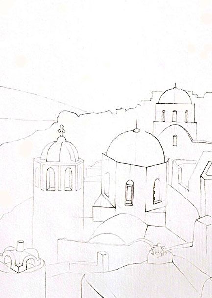 Santorini Sketch, Santorini Drawing, Greece Sketch, Lover Sketch, Greece Drawing, Tuscan Art, Santorini Oia, Greece Painting, Landscape Pencil Drawings