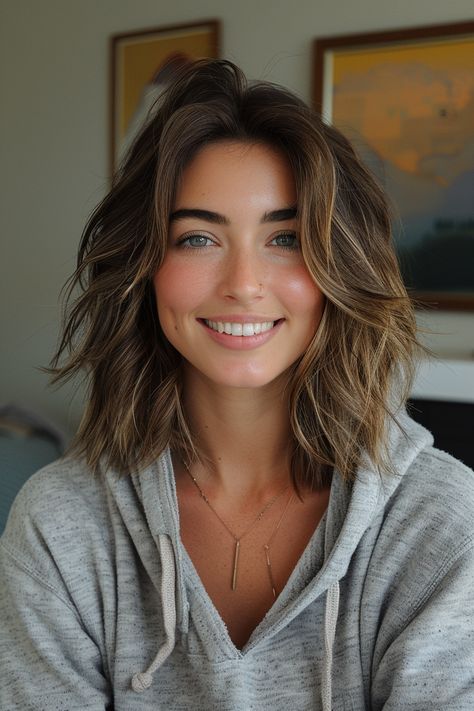 Shaggy Hair For Fine Hair, Shaggy Mid Length Hair Side Part, Lob Haircut Middle Part, Midlength Hairstyles Side Part, Mid Length Hair With Choppy Layers, Mid Length Textured Haircut, Shag Hairstyles Side Part, Medium Side Part Haircut Women, Long Bob Plus Size Women