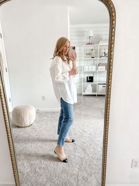 How To Style a White Button-Up for Summer. Effortless sophistication meets classic elegance with a stunning summer outfit featuring a white button-up top untucked, paired with sleek straight-leg jeans. This look effortlessly merges comfort and style, making it a great choice for a summer day. The fluidity of the untucked and oversized nature of the top beautifully contrasts with the structured straight-leg jeans, creating a balanced and flattering silhouette. Button Up Shirt With Jeans, Chanel Ballet Flats Outfit, Shoes For Moms, Black Flats Outfit, Ballerina Flats Outfit, White Sweater Jacket, Chanel Ballerina Flats, Aesthetic Chanel, 2023 Outfit Ideas