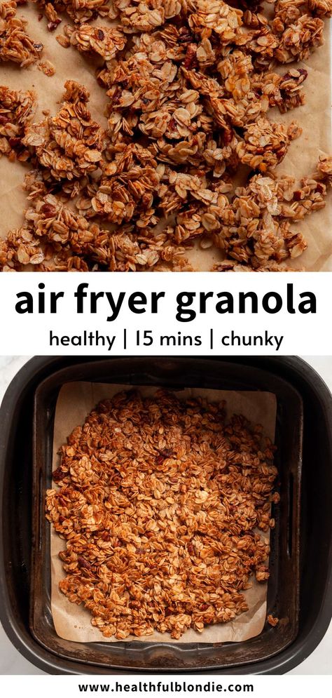 This is seriously the best 15-minute air fryer granola recipe ever! It's chunky, naturally sweetened with honey, and made with six simple and healthy ingredients like rolled oats, coconut oil, and your favorite nuts. Air Fryer Dried Fruit Recipes, Granola Air Fryer Recipe, Emeril Air Fryer Recipes, Air Fryer Granola Recipe, Airfryer Granola, Air Fryer Granola, Apple Betty, Cottagecore Recipes, Breakfast Granola