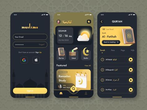 Muslim App - UI Mobile Design by Ru'ya Shadiqa on Dribbble Ui Mobile Design, App Ui Design Inspiration, Islamic Apps, Quran App, App Wireframe, Learn Ux Design, Ux Design Mobile, Ui Design Mobile, Muslim Art