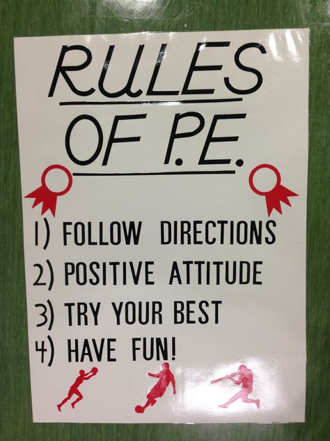 Physical Education Rules, Pe Rules, Sports Bulletin Boards, Class Rules Poster, Elementary Pe, Classroom Management Plan, Pe Teacher, Pe Ideas, Health Poster