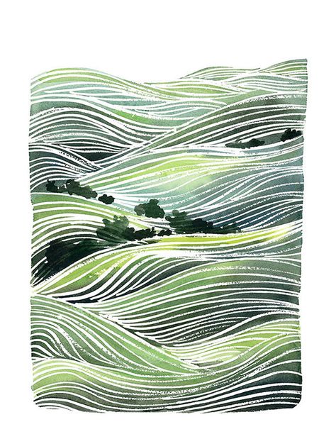 Green Hills, Art Aquarelle, 수채화 그림, Watercolor Inspiration, Art Landscape, Watercolor Techniques, Watercolor Art Prints, Silk Painting, Art Plastique