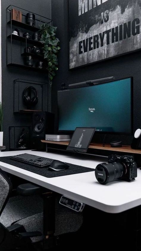 Programmers Desk, Home Office Dark, Editing Studio, Gaming Desk Setup, Dream Desk, Computer Desk Setup, Home Studio Setup, Desktop Setup, Bedroom Setup